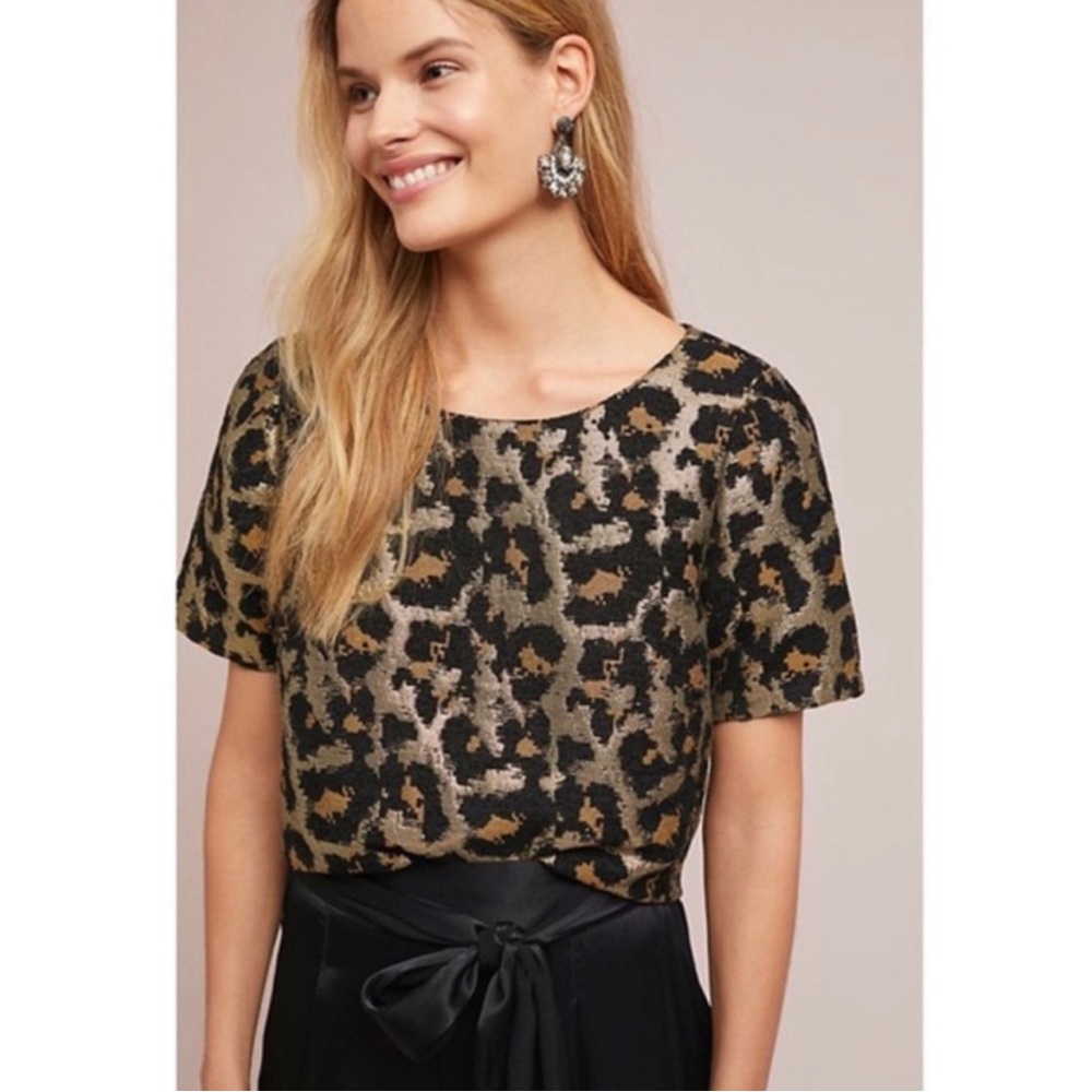 Anthropologie Hutch Leopard Metallic Knit Top - Black and Gold - Size XS